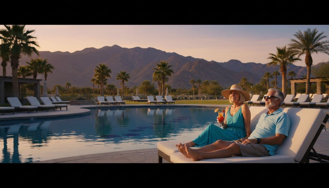 Two seniors lounge by resort pool with palm trees, lounge chairs, and distant mountains under golden hour light.