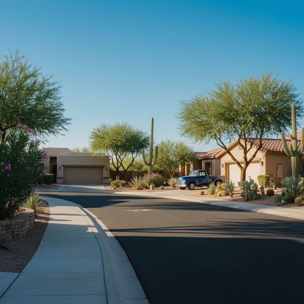 A sunny, palm-lined residential street in Phoenix features wide sidewalks and desert landscaping under a clear sky.