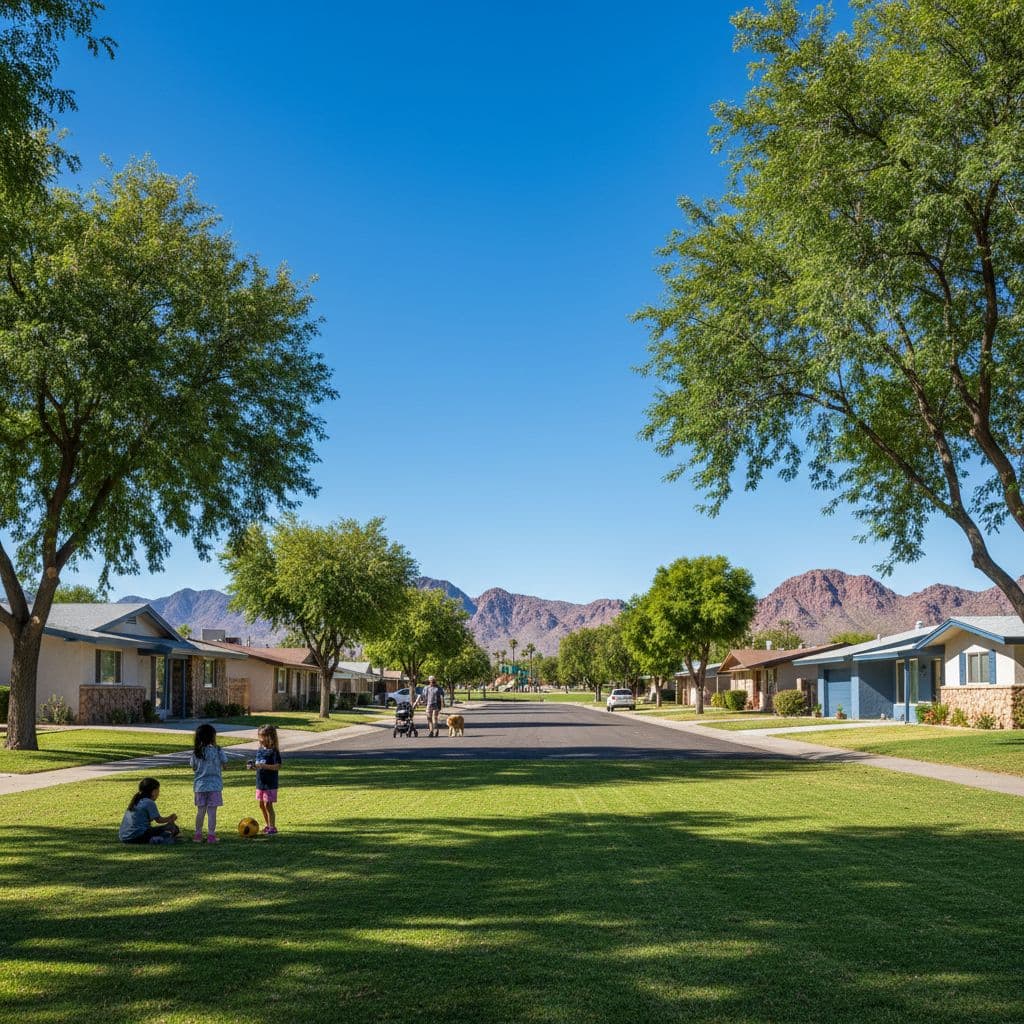 A quiet residential street features mid-century homes, lush trees, and desert mountains under a clear sky.