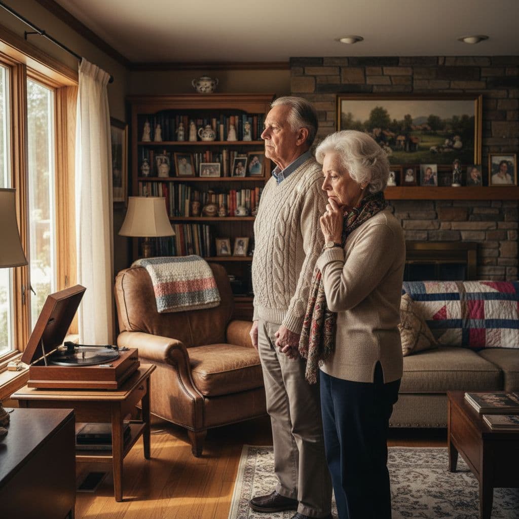 An elderly couple stands in their living room reflecting on their long-time family home.