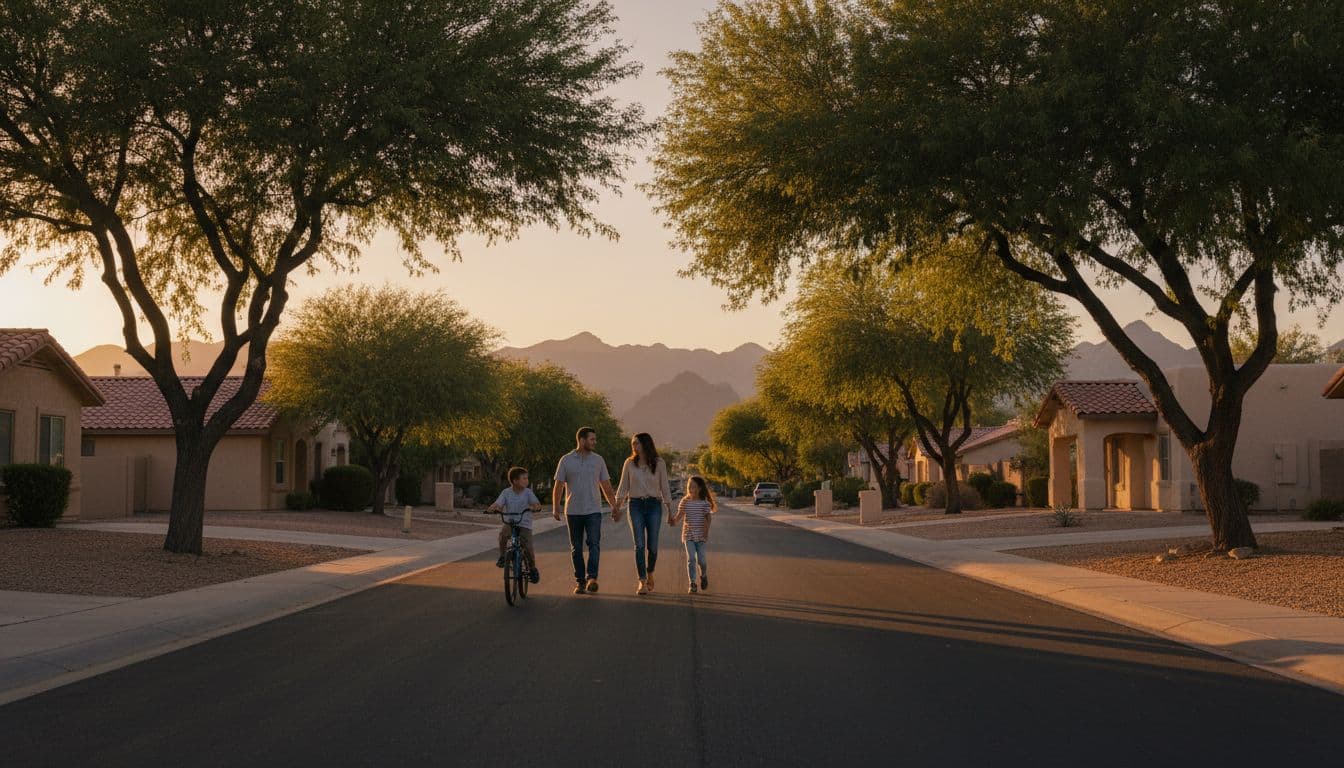 Two parents and two children, one on bike, walk quiet tree-lined street past single-story homes with mountain views in golden hour light.