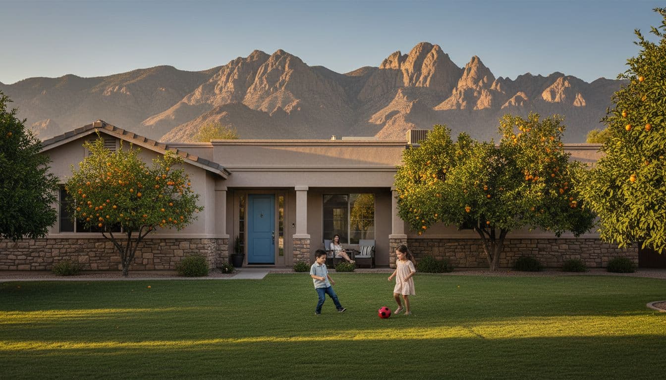 Single-family home exterior in Sheaborhood with citrus trees, two children playing ball in yard, parents on porch, mountain views.