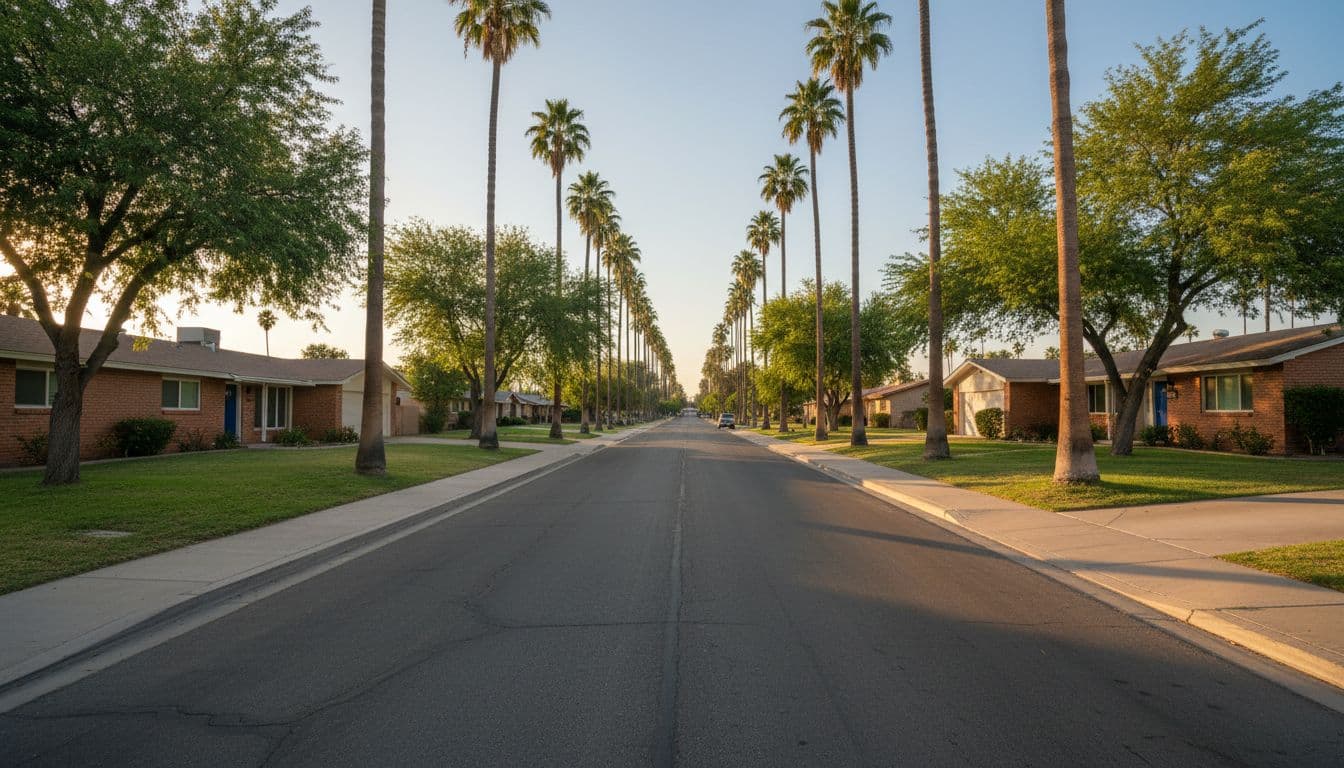 Sunny residential street in Phoenix with mature trees along sidewalks and mid-century brick ranch houses in soft afternoon light casting long shadows.