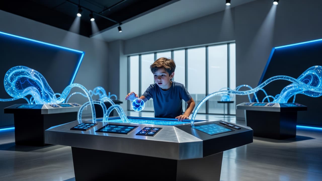 A young child interacts with a glowing science display in a modern museum. Vibrant blue lighting accents illuminate the exhibits, while cinematic shadows frame the child's focused expression of discovery.