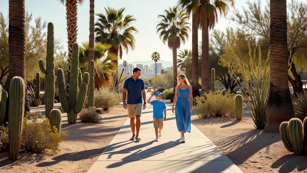 A family of three walks along a paved desert pathway lined with vibrant palm trees and native flora. Warm afternoon sun creates sharp shadows across the walkway during their summer outing.
