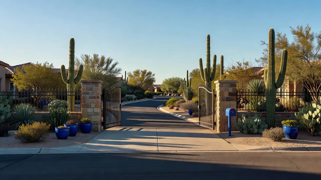 Stone pillars flank a metal gate at a quiet residential community entrance. Mature desert saguaros and vibrant flora frame the pathway under the intense, clear blue sky of a sunny afternoon.