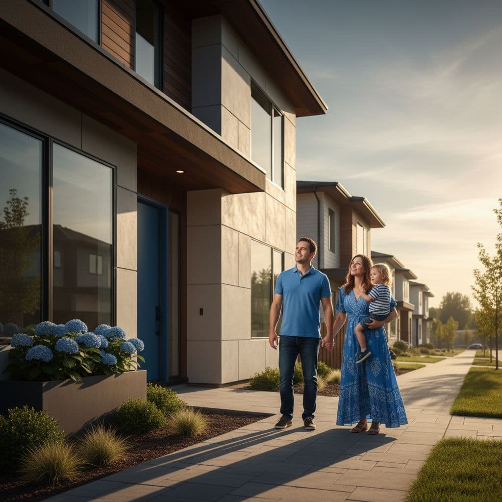 A smiling mother, father, and their young child stand together before a sleek suburban house. The warm afternoon sun casts dramatic shadows, highlighting the home's blue architectural details and clean aesthetic.