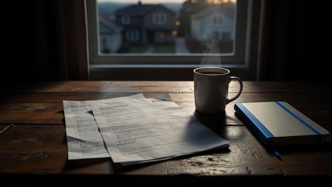 A crisp home inspection report rests on a wooden desk beside a steaming cup of coffee. Through the window, a blurred residential neighborhood glows under dramatic, high-contrast natural morning light.