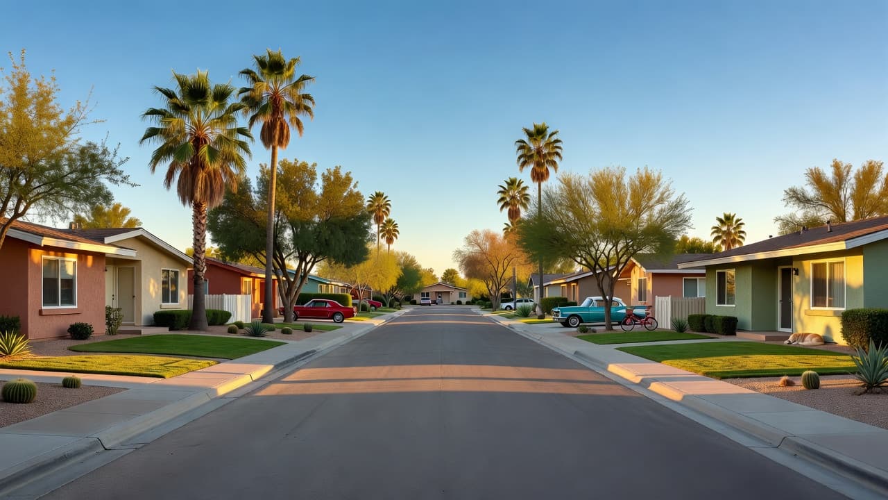 Well-maintained homes with clean architectural lines line a quiet street shaded by tall, mature trees. A bright blue sky stretches above the neighborhood, illuminated by the warm, deep glow of afternoon.