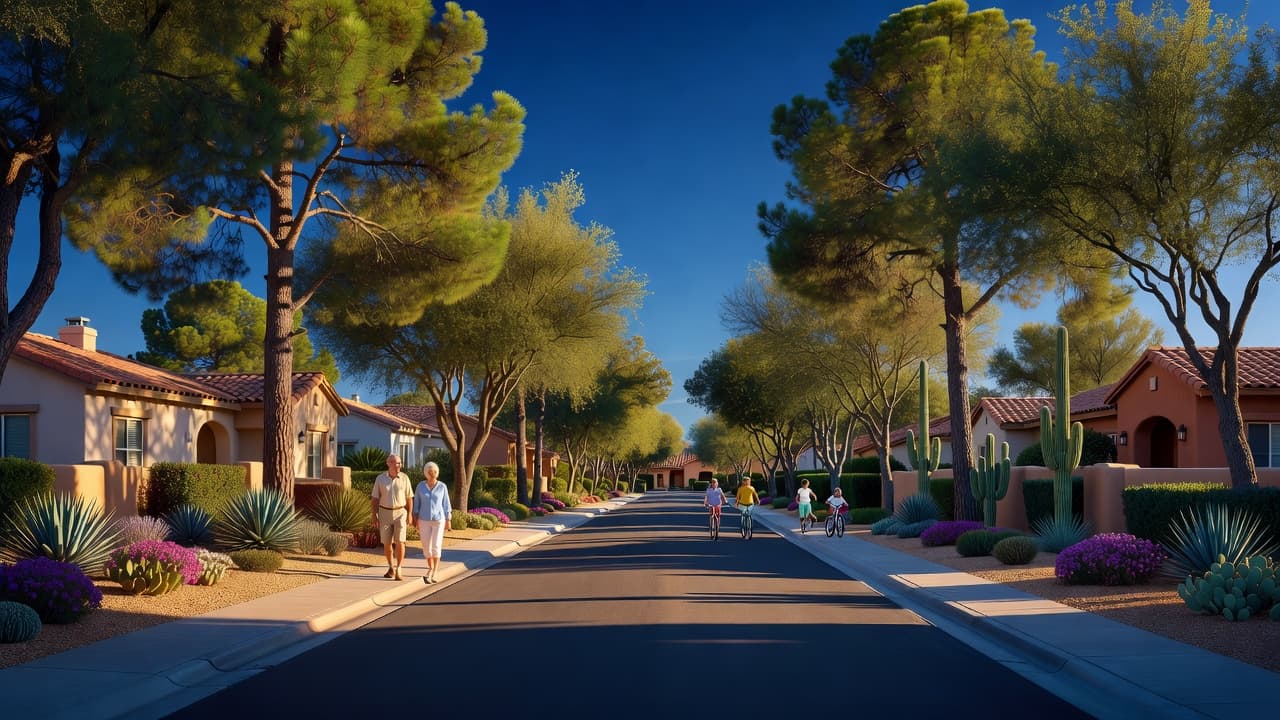 A quiet suburban road in Phoenix features pristine desert landscaping and manicured lawns beside elegant homes. Golden hour sunlight creates deep shadows along the pavement, highlighting the peaceful residential atmosphere.