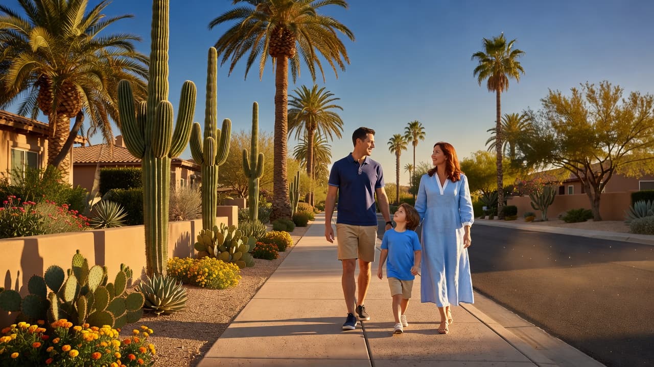A mother, father, and young child walk together along a sunlit residential sidewalk. Tall palm trees and desert landscaping frame the street, highlighted by the warm glow of the afternoon sun.
