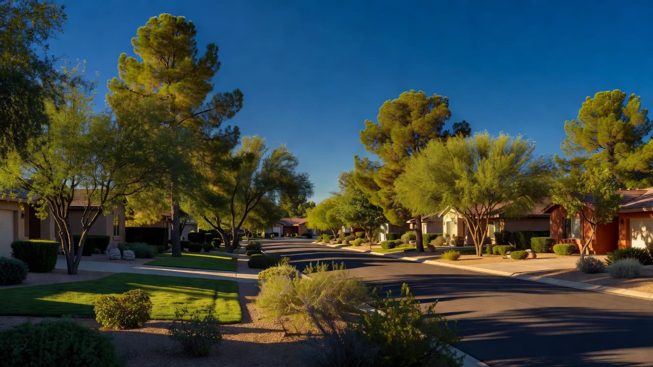 Lush green trees and mature desert landscaping line a peaceful neighborhood street under a clear blue sky. Warm morning light creates high-contrast shadows that define the depth of this suburban path.