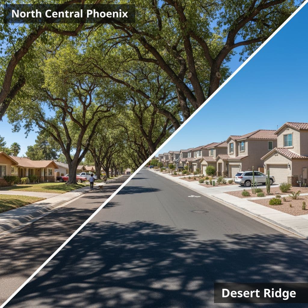 A split-screen view contrasting mature North Central Phoenix ranch homes under large trees with the manicured, modern suburban streets and wider, organized roads found in the Desert Ridge master-planned community.