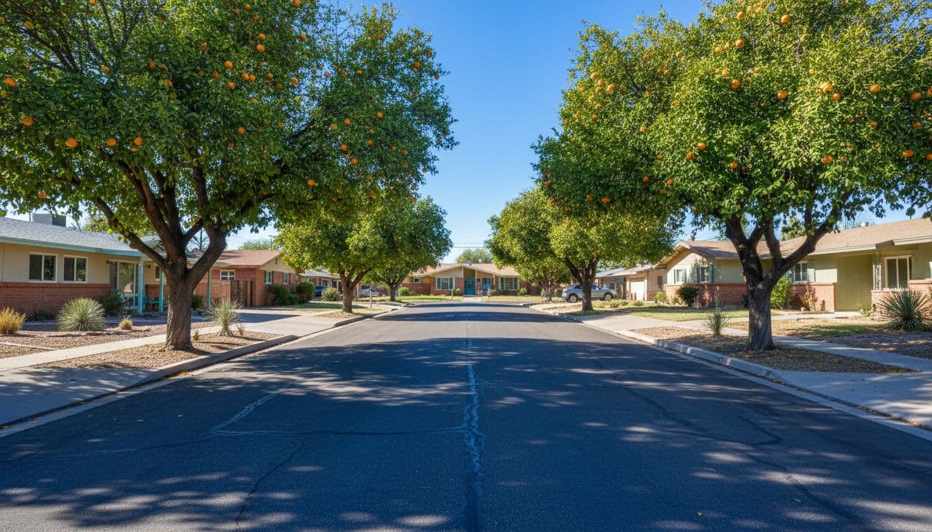 Lush citrus trees line a quiet residential street in Phoenix, shading modest mid-century houses during a sunny afternoon. The scene features deep blue shadows cast across a smooth, empty road.