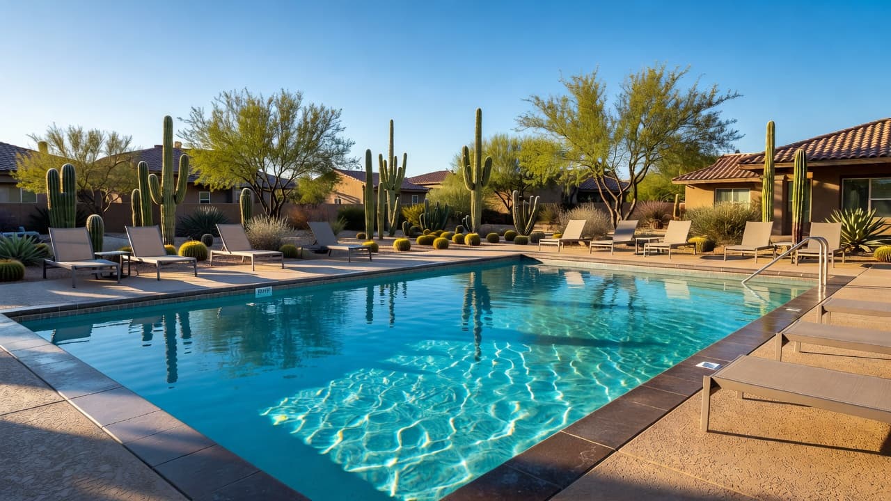 Crystal clear blue water fills a modern swimming pool surrounded by comfortable lounge chairs. Vibrant desert cacti and lush green landscaping create a relaxing atmosphere under the bright Arizona desert sun.