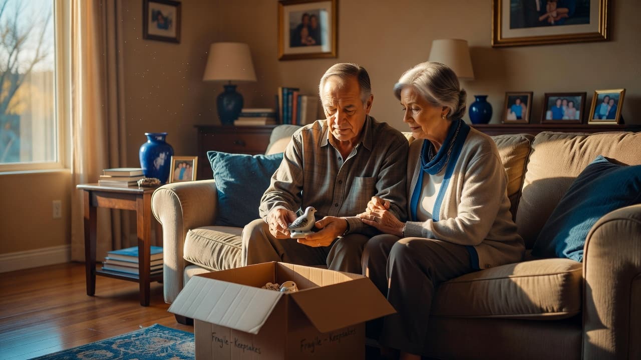A retired couple sits in their sun-drenched living room carefully placing a small memento into a cardboard box. Blue decorative accents contrast with the warm afternoon light filtering through large windows.