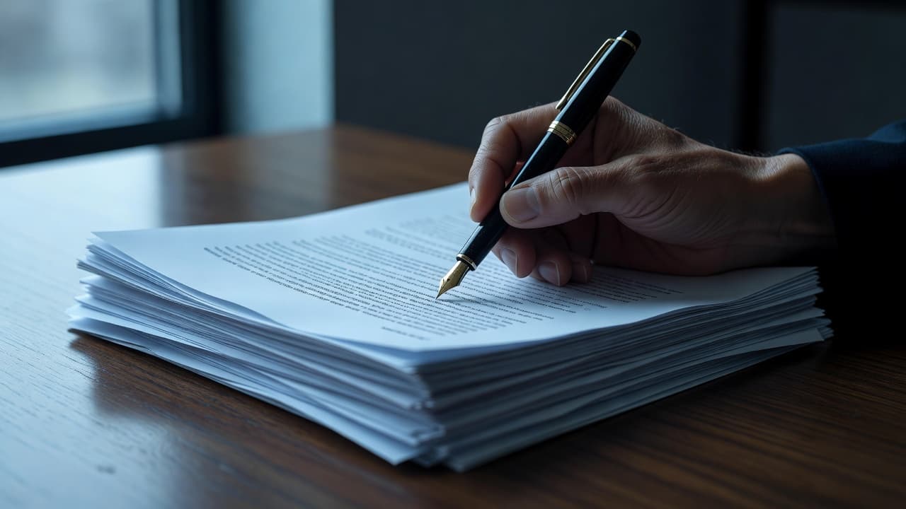 A close-up captures a hand gripping a fountain pen poised over stacked property contracts. Soft sunlight streams onto the polished wooden desk, creating dramatic shadows and highlighting the important legal paperwork.
