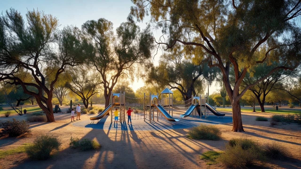 A vibrant park scene features towering mature trees casting soft shadows over a modern playground. A parent and two children play in the sun-drenched distance, surrounded by lush desert landscaping.