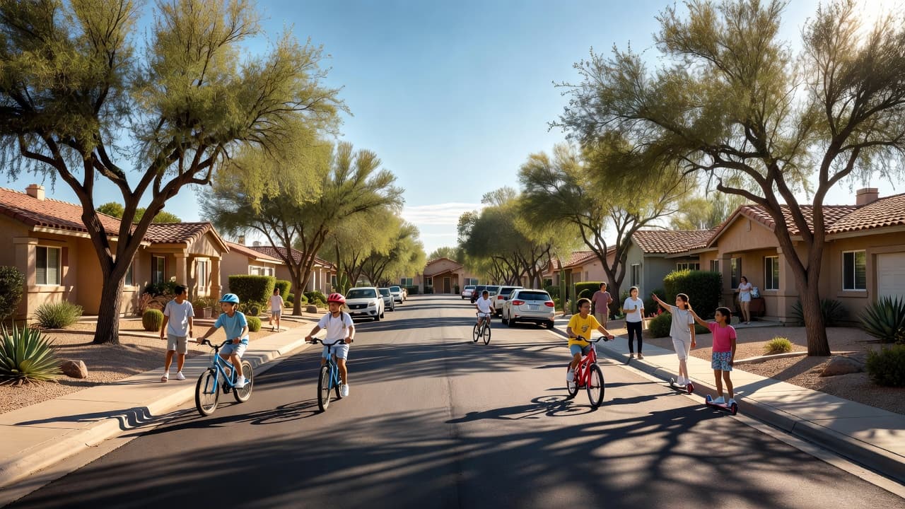 A quiet residential street in Phoenix features mature desert trees lining the pavement under a bright sky. Deep shadows contrast against warm sunlight, creating a serene neighborhood atmosphere for local families.