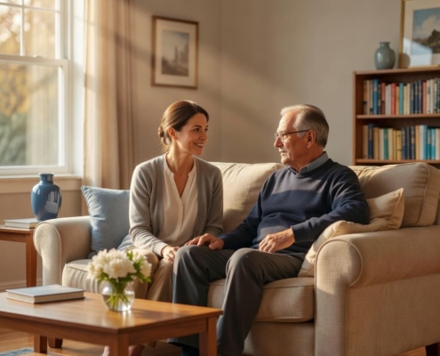 An adult daughter and her elderly father sitting together on a living room sofa having a gentle talk.
