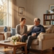 An adult daughter and her elderly father sitting together on a living room sofa having a gentle talk.