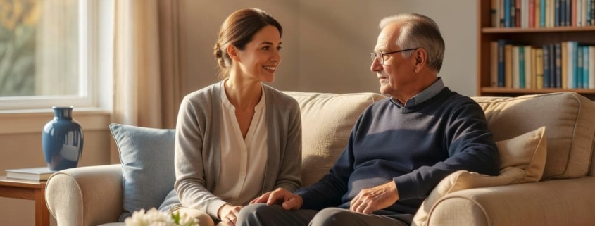 An adult daughter and her elderly father sitting together on a living room sofa having a gentle talk.