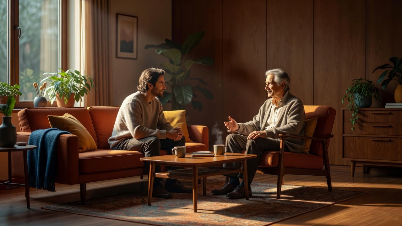 A younger person sits on a plush sofa while an elderly relative rests in a mid-century armchair. Soft sunlight streams into the warm room, highlighting their quiet and trusting family moment.