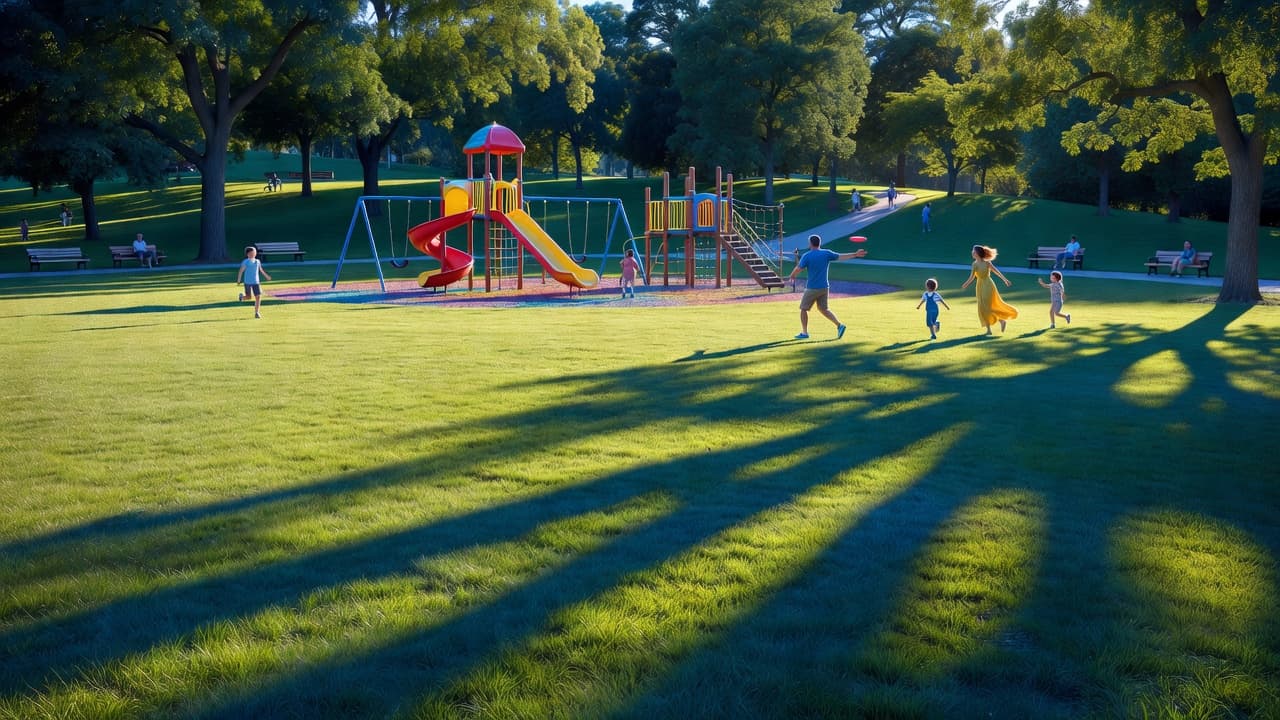 A lush green field features a playground area under golden afternoon light. In the distant background, a small family enjoys leisure time together while soft shadows stretch across the manicured lawn.