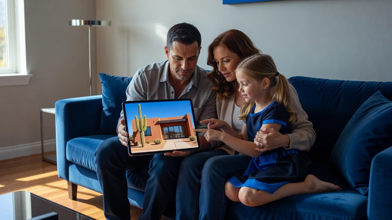A family gathered around a tablet to view a new home in a bright living room.