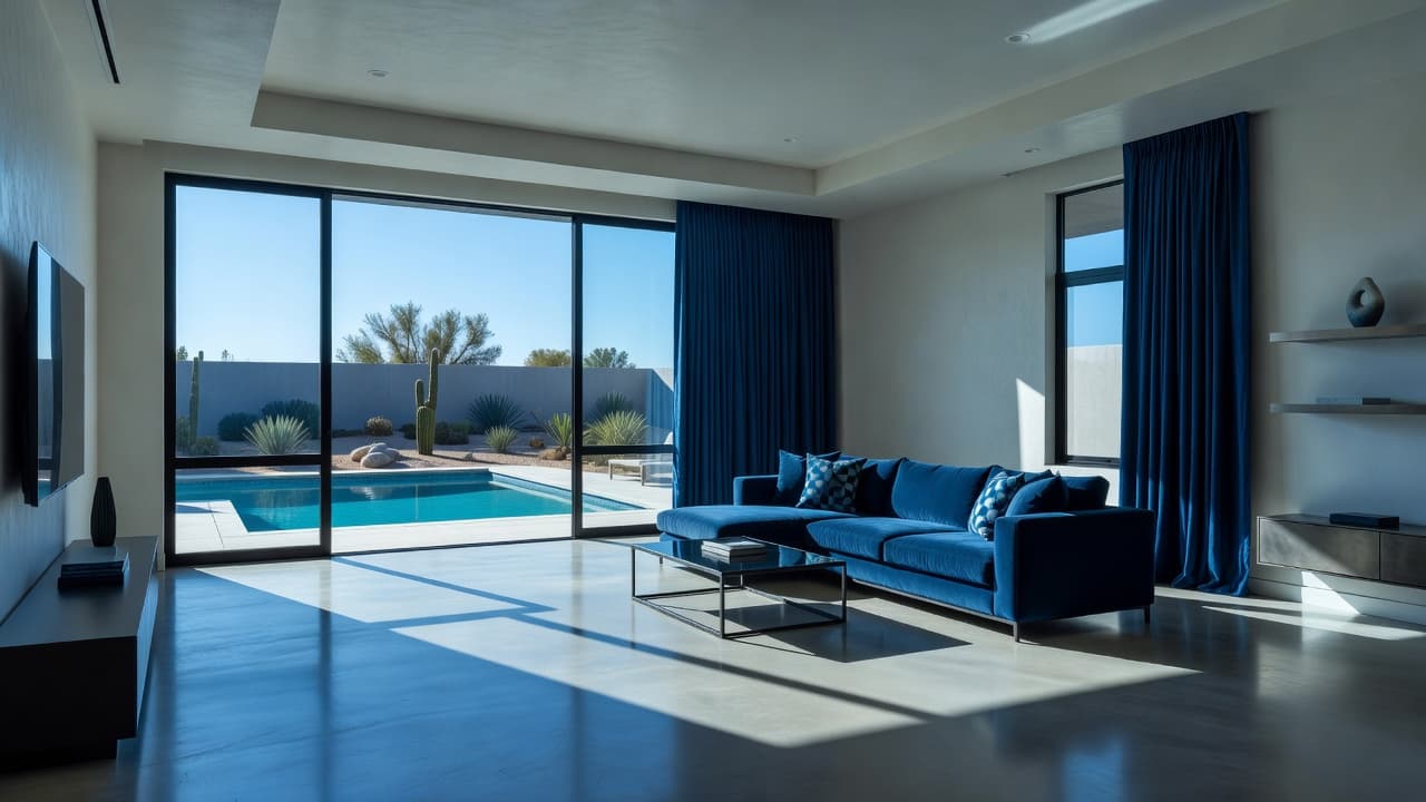 A spacious sunlit living room features floor-to-ceiling glass walls looking out to a backyard pool. Cool blue textiles accent the clean, minimalist interior design, reflecting a serene and upscale home atmosphere.