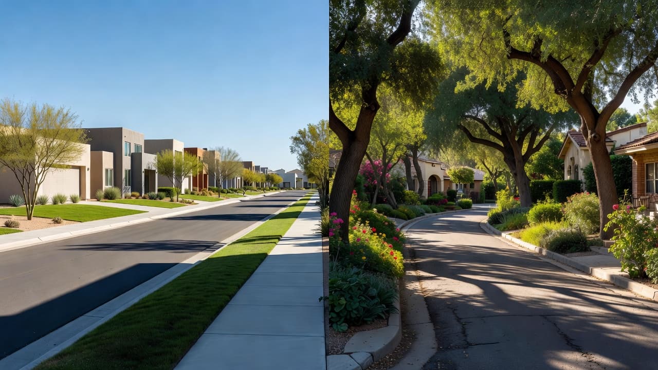 A split composition shows a pristine, sun-drenched suburban street with desert landscaping beside a lush, older residential road featuring massive shade trees and dense, overgrown flower gardens under soft dramatic lighting.