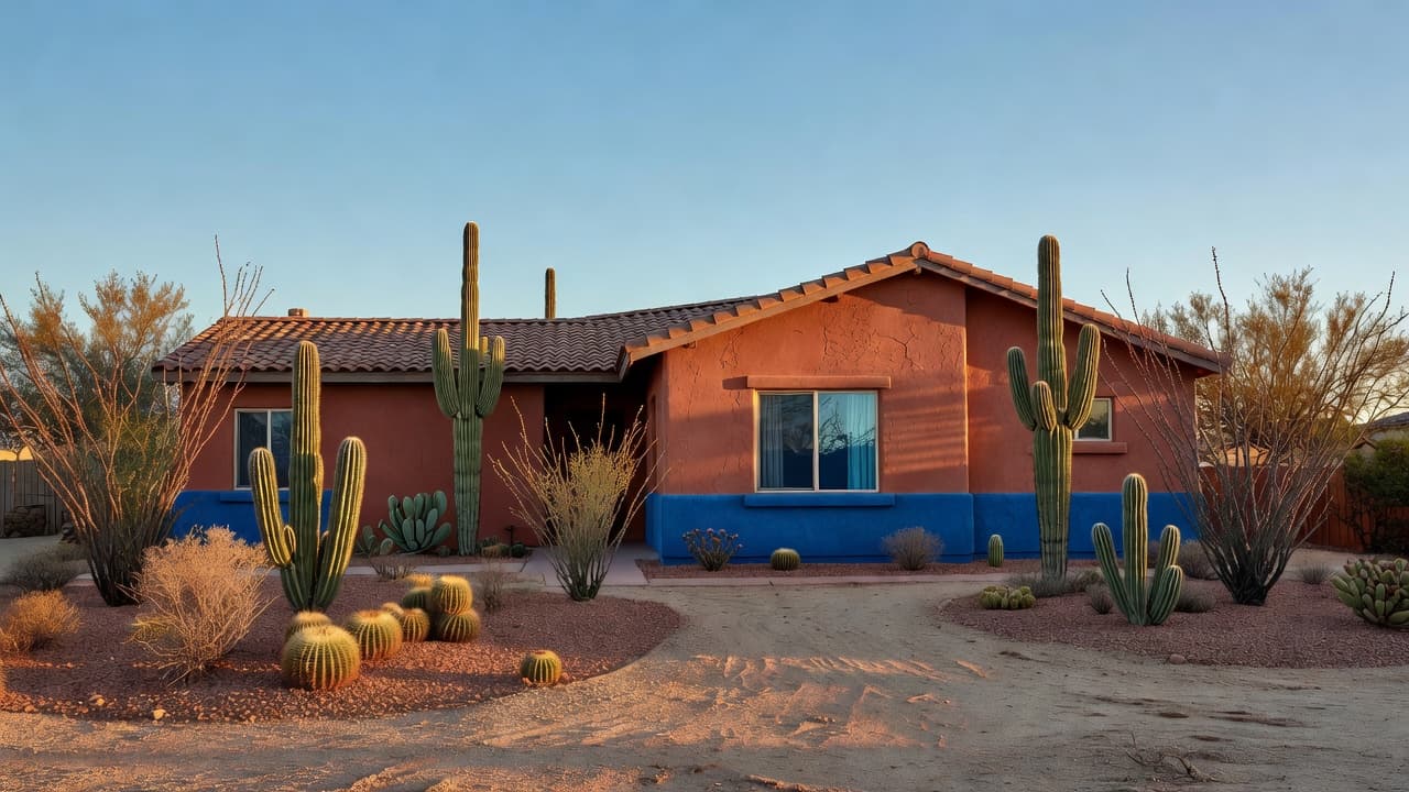 A stucco house in Phoenix with desert landscaping and vibrant blue trim.