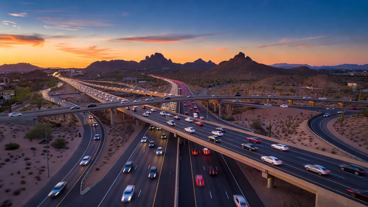 A bustling highway interchange during sunset with car light trails and distant mountain views.