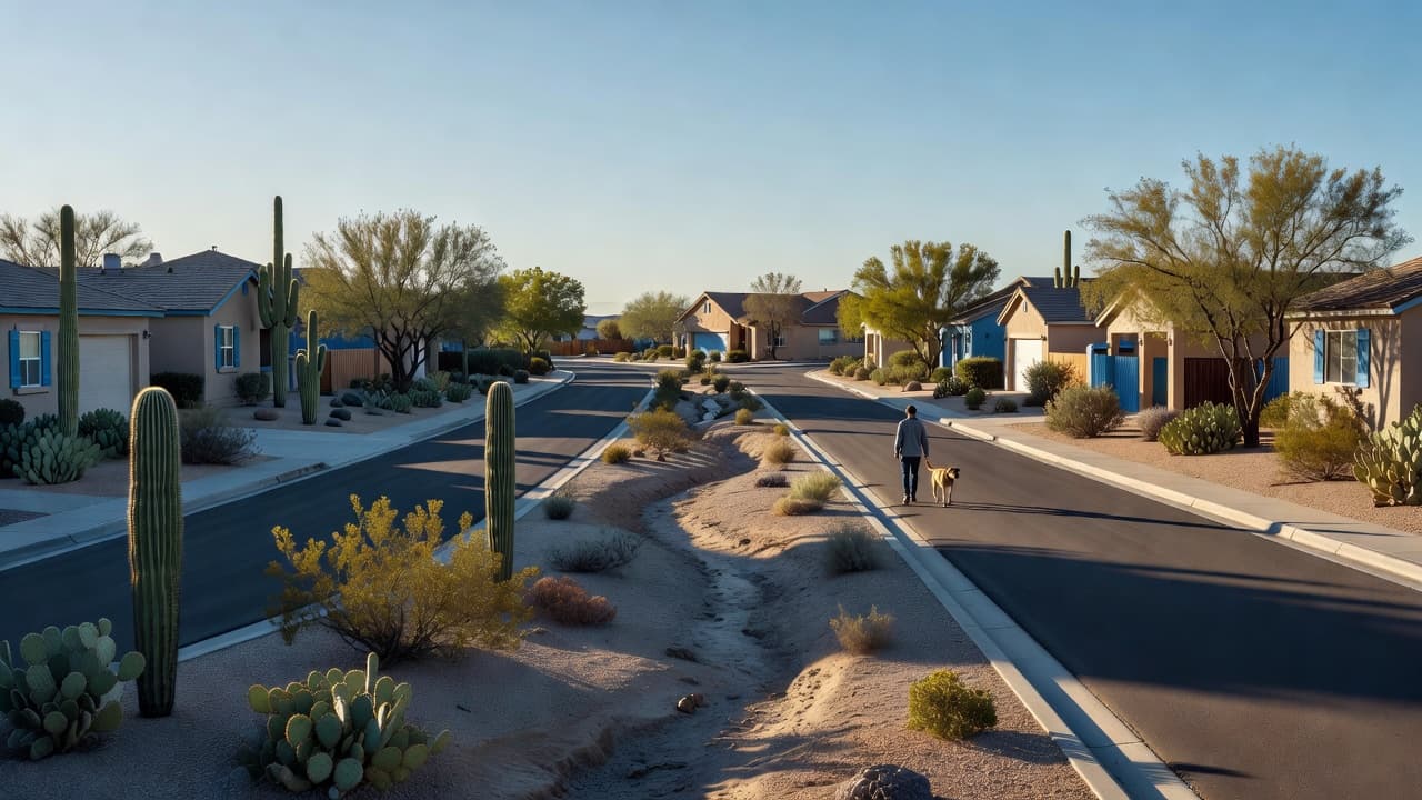 A person walking a dog down a sunny residential street with desert landscaping in Phoenix.