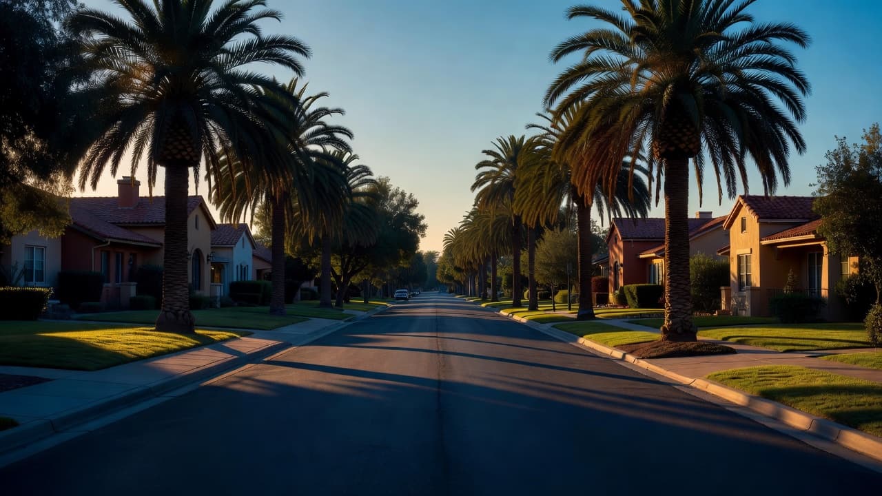 A quiet residential road in Phoenix is lined with lush green grass and tall mature palm trees. Sharp morning sunlight casts dramatic shadows against the blue-tinted pavement of the empty street.