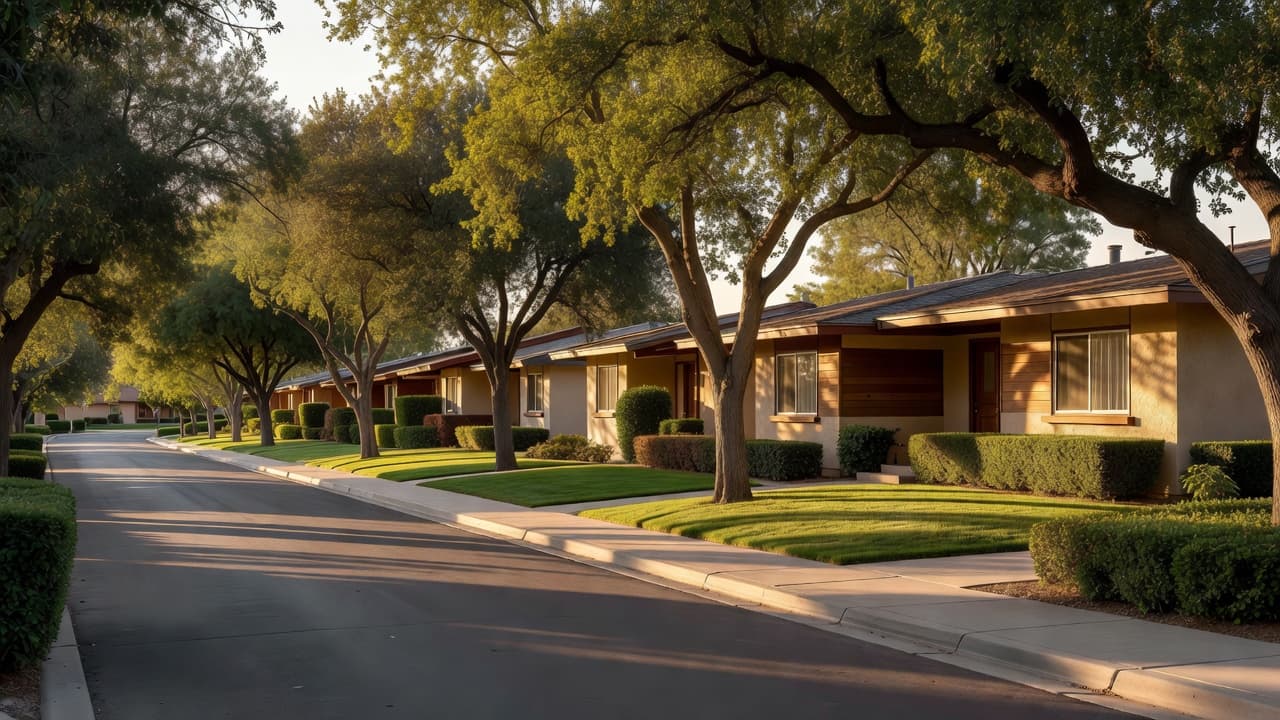A sun-drenched suburban street in North Central Phoenix showcases classic ranch houses with vibrant green lawns. Towering, mature shade trees create a canopy over the sidewalk, casting warm, sharp-edged afternoon shadows.