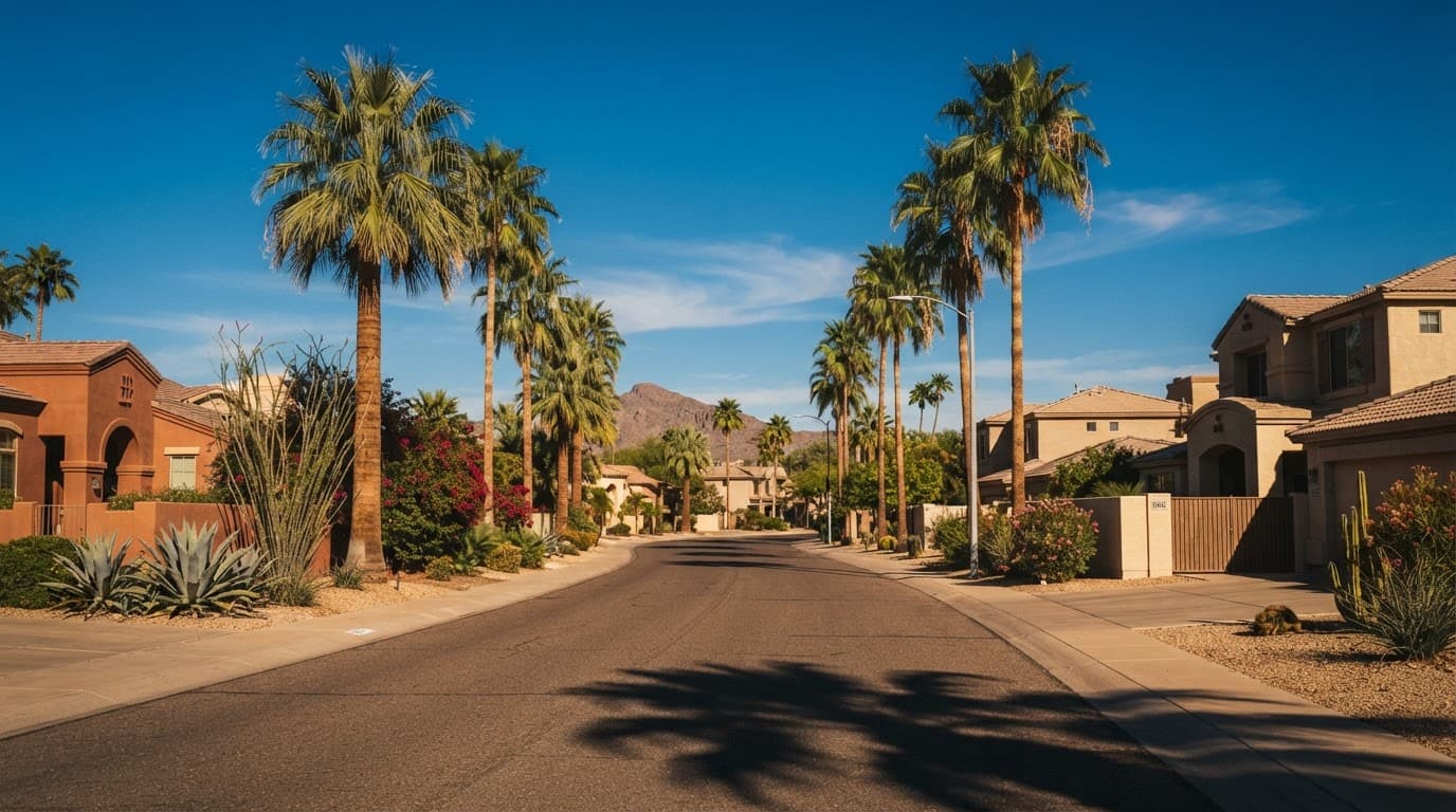 A quiet desert neighborhood street lined with palm trees under a bright afternoon sky.