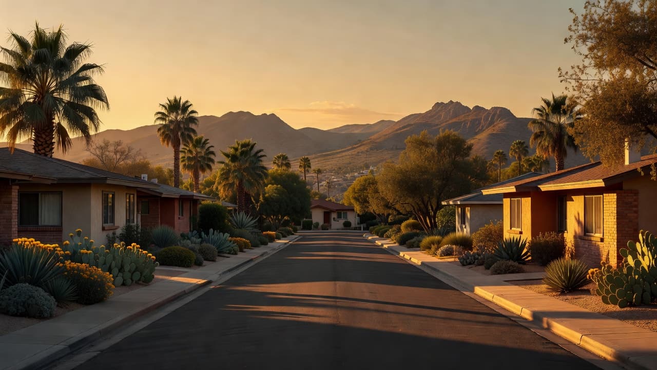 A tranquil tree-lined street in a Phoenix suburb with mountain views during sunset.