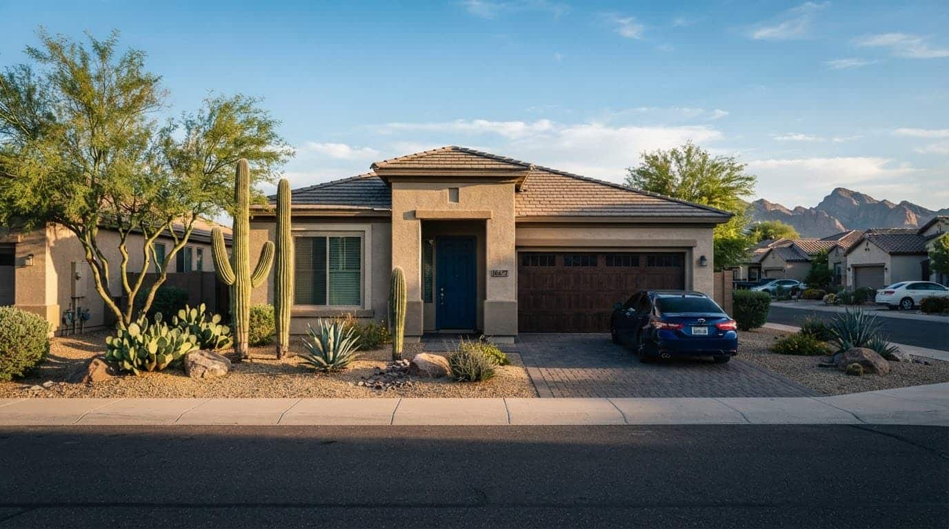 A single-story Phoenix home with a desert yard and paved driveway under afternoon sun.