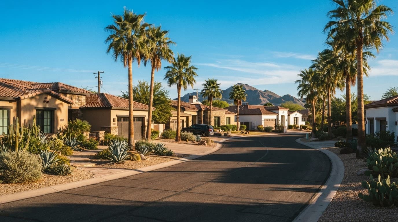 A quiet Scottsdale neighborhood street with palm trees and modern ranch homes under a blue sky.