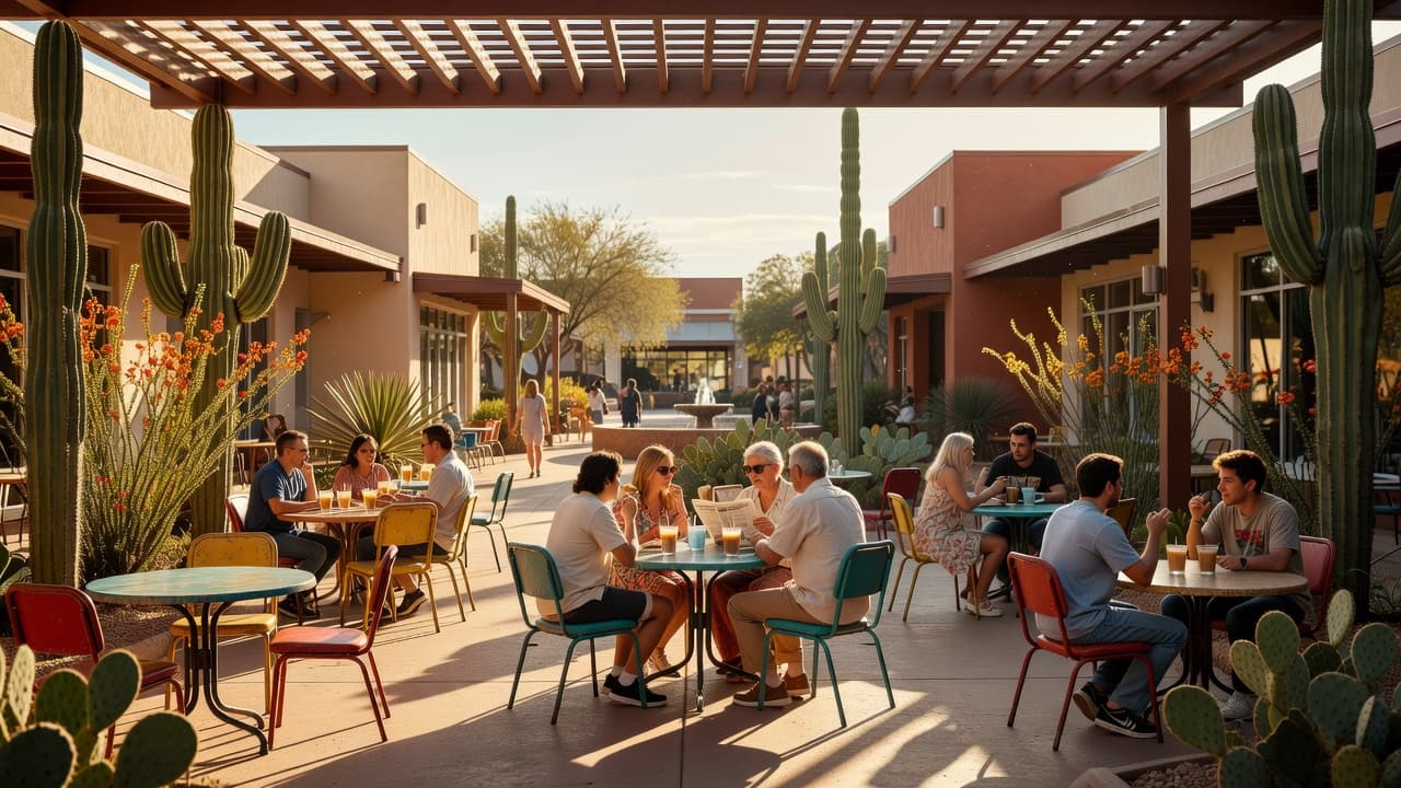 Metal tables and chairs are set on a shaded concrete patio in a mid-century shopping plaza. Soft golden sunlight filters through the structures, creating a relaxed community atmosphere for outdoor social gatherings.