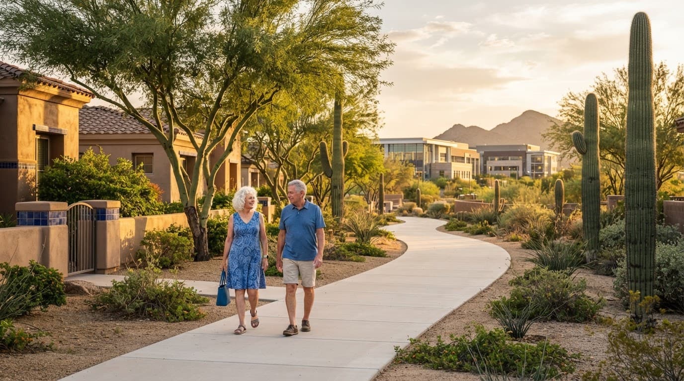 Older couple walking on a shaded desert path near a modern medical campus.