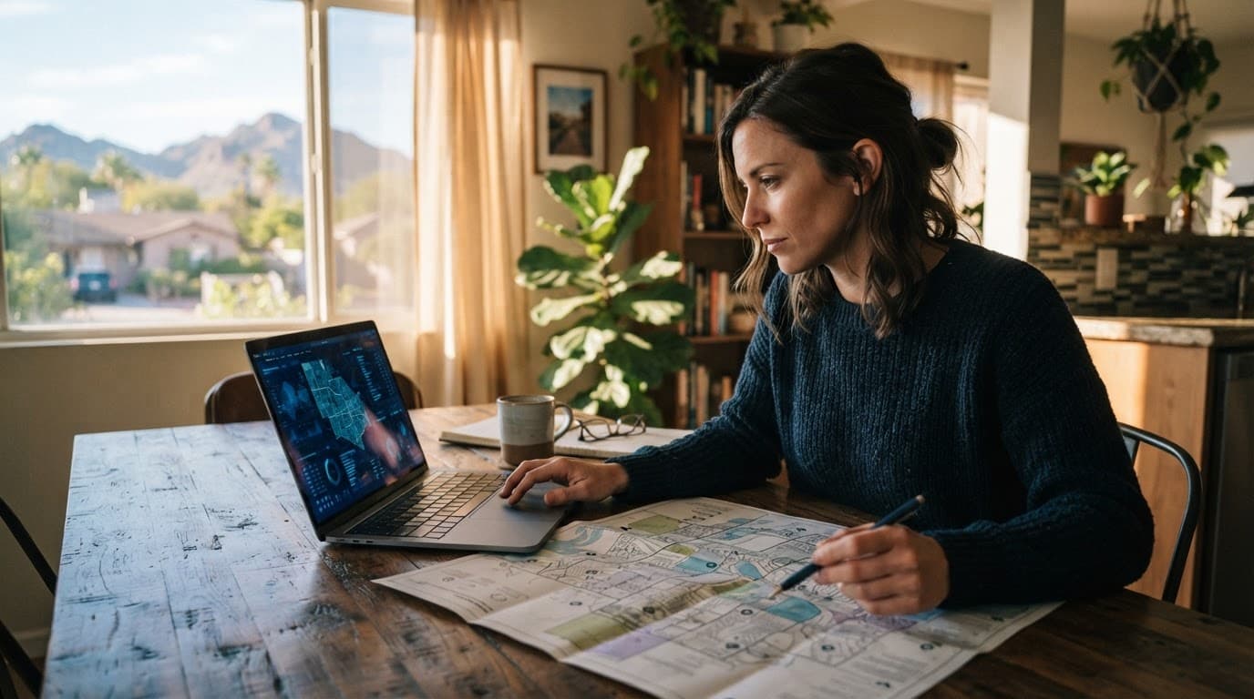 A person reviews a laptop and neighborhood map at a kitchen table in warm morning light.