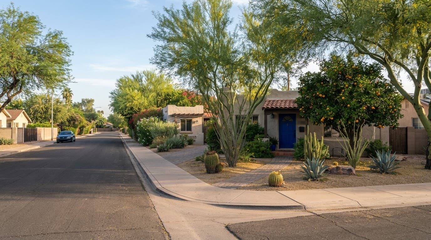 A Phoenix home with a detached casita, desert plants, and mature trees along a wide sidewalk.