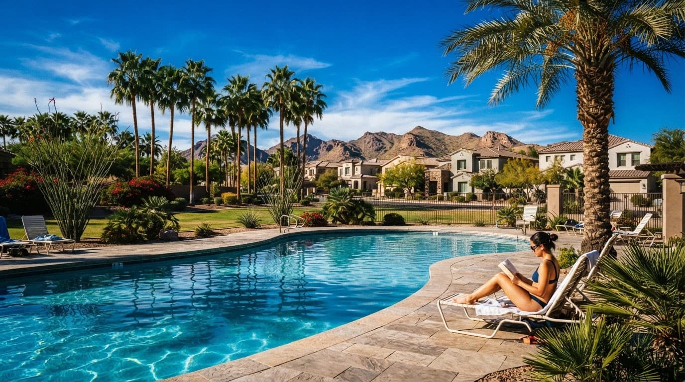 A person beside a community pool in a sunny Phoenix park with palm trees and homes.