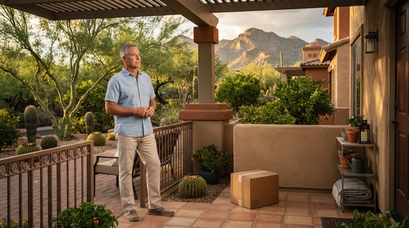 A homeowner considers downsizing beside a Phoenix condo patio with a moving box and desert trees.