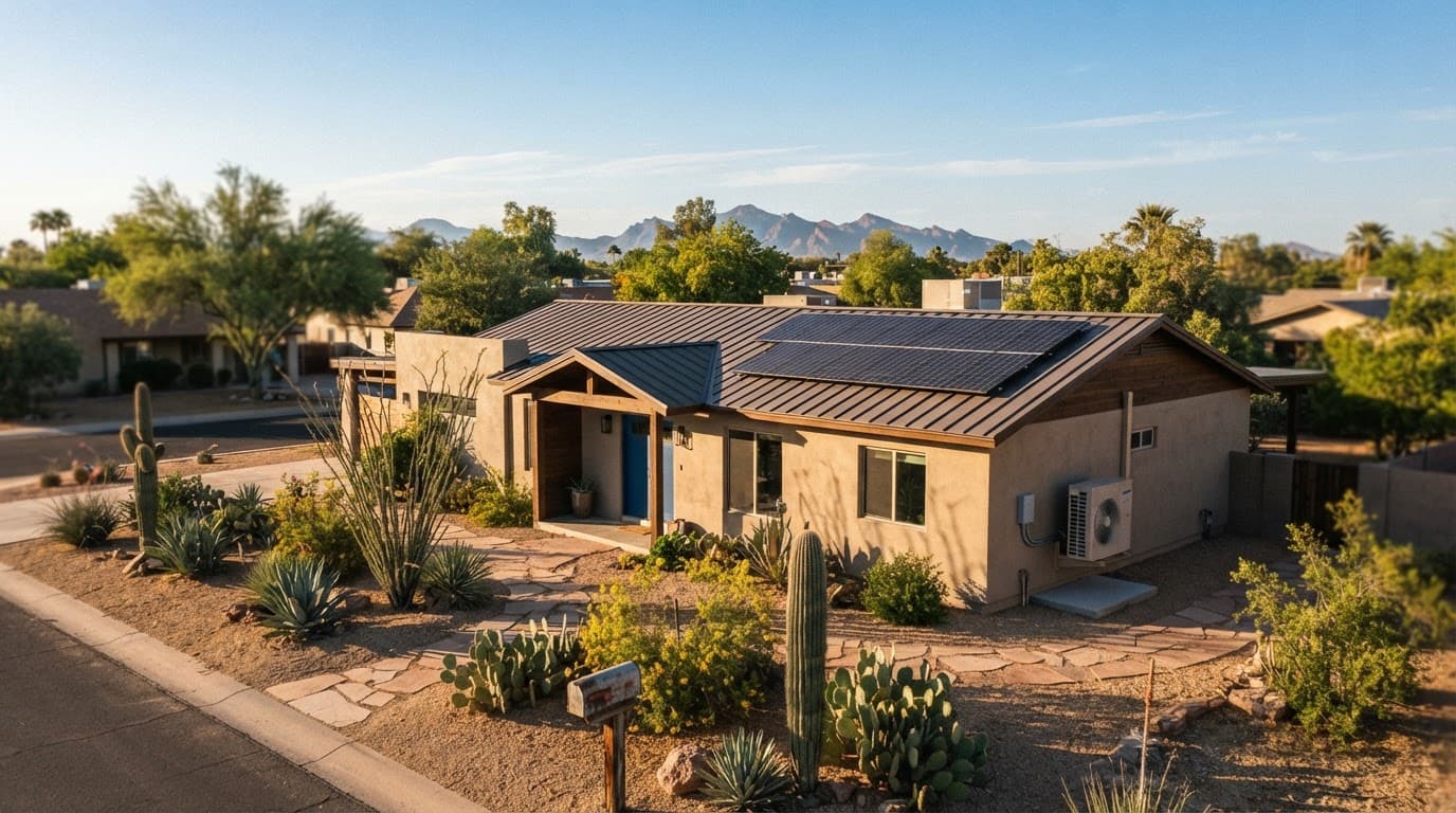 Phoenix home with rooftop solar panels, desert plants, and an exterior air-conditioning unit.