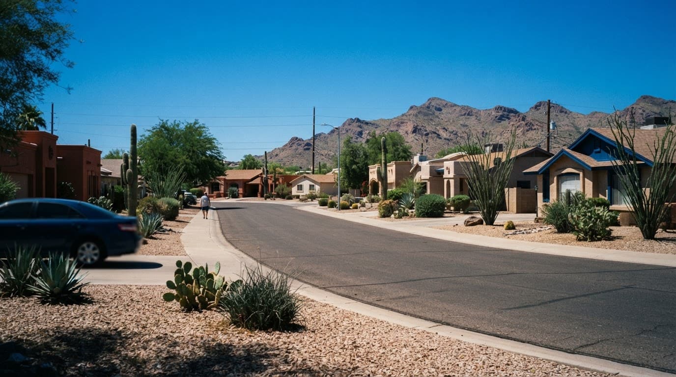 A quiet Phoenix street with desert landscaping, homes, and one distant person.