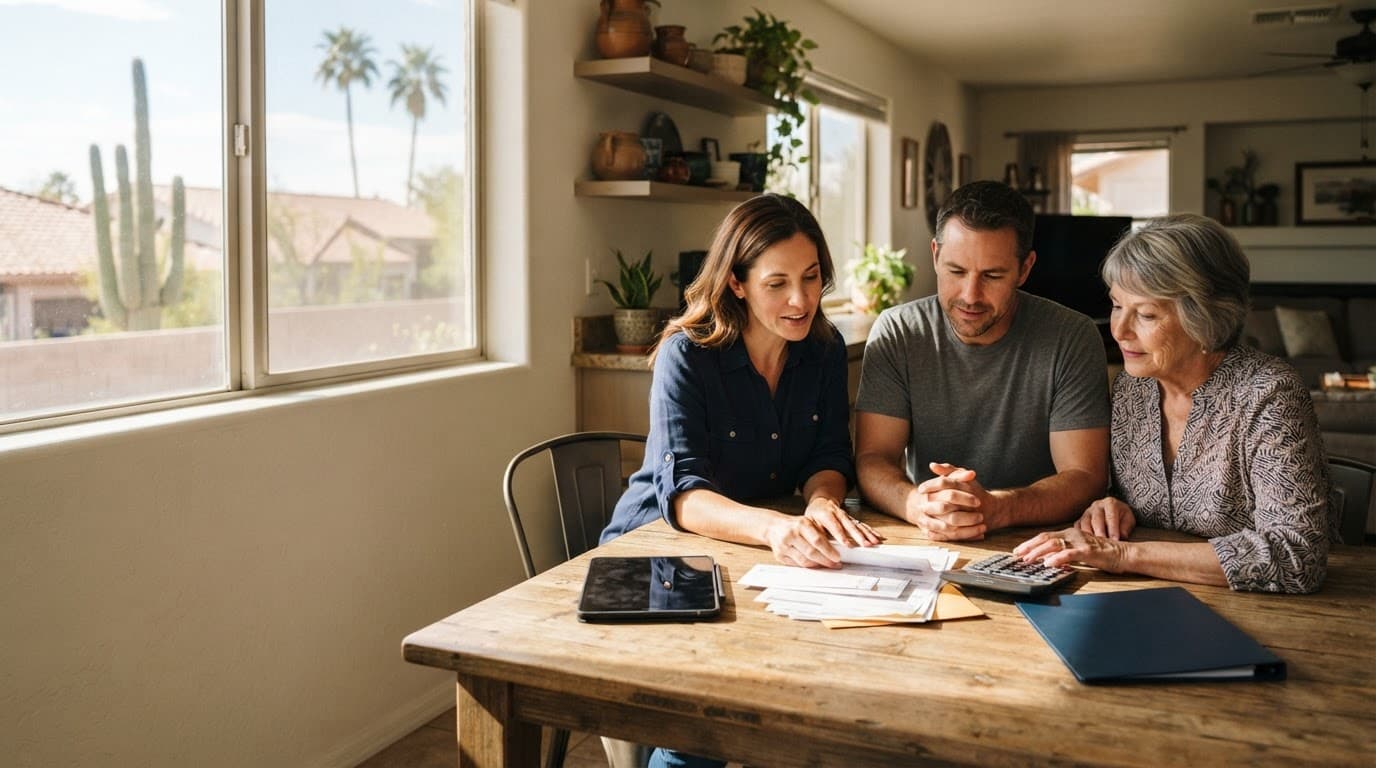 Three family members review bills with a calculator at a kitchen table.