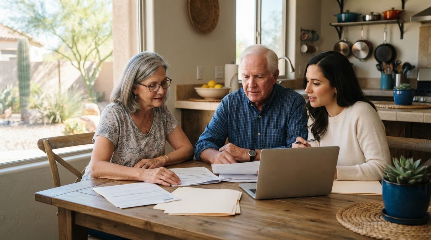 Three family members review home insurance papers at a kitchen table beside a laptop.